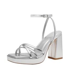 Shoe'N Tale Silver Metallic Strappy Platform Block Heel Sandals‎ Square Toe 7.5
